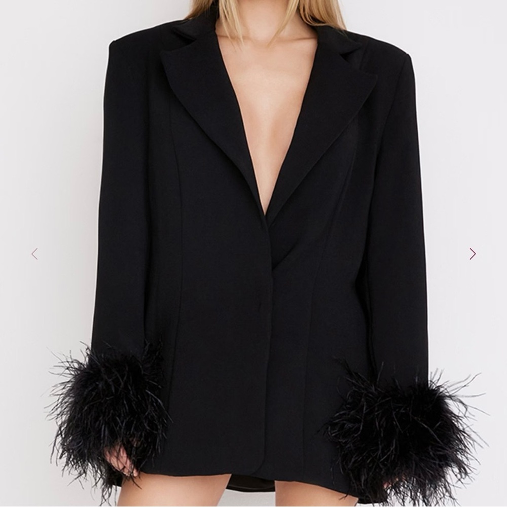 House of CB Esme Black Oversized Blazer with Feather Cuffs Size L+